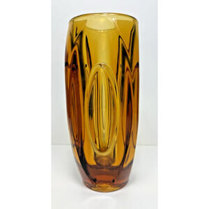SKLO Vase Amber Yellow Glass Bullet Lens 8"H Czech 60s Mid Mod MCM Hand Blown